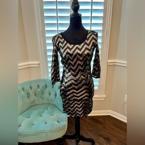 Black and Gold Zig Zag Sequined Party Dress